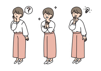 カジュアルなスタイルの女性の全身イラスト　表情のバリエーション