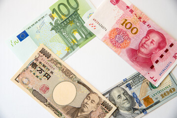 Kkey currency image -US Dollar, JP Yen, Eurp and Chinese Yen.