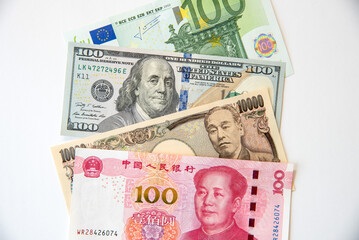 Kkey currency image -US Dollar, JP Yen, Eurp and Chinese Yen.
