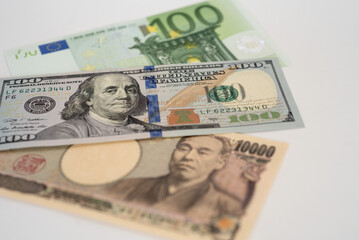 Kkey currency image -US Dollar, JP Yen, Eurp and Chinese Yen with copy space