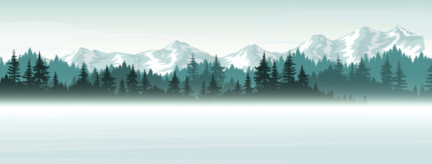 Landscape with mountains and trees. Winter nature vector illustration.
