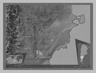 Chubut, Argentina. Grayscale. Labelled points of cities