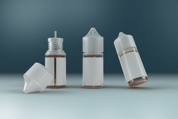 3D Render of 30 ml Bottles e juice Vape Liquid in a blue studio setting displaying various angles of the Vape Juice Bottles in the scene. 3D Render Illustration