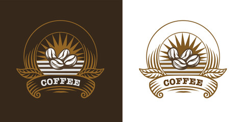 Coffee logo vector illustration, retro vintage emblem design on black and white background. Coffee beans, leaves, ribbon ornament