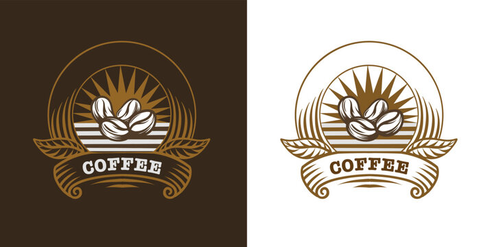 Coffee logo vector illustration, retro vintage emblem design on black and white background. Coffee beans, leaves, ribbon ornament