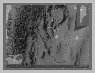 La Rioja, Argentina. Grayscale. Labelled points of cities