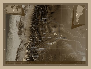 Neuquen, Argentina. Sepia. Labelled points of cities