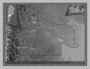 Rio Negro, Argentina. Grayscale. Labelled points of cities