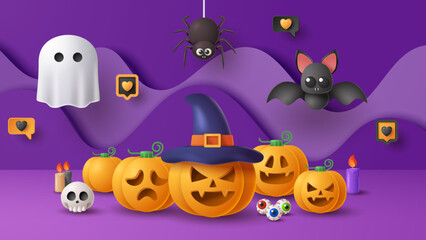 Halloween display podium decoration background with scary ornament. Vector 3D Illustration