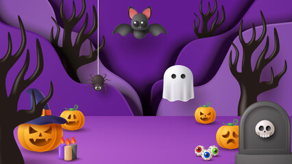 Halloween display podium decoration background with scary ornament. Vector 3D Illustration