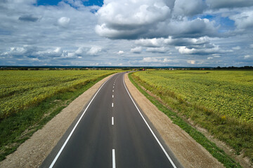 Aerial view of empty intercity road between green agricultural fields. Top view from drone of highway roadway