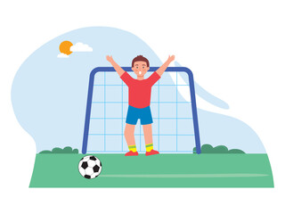 Obraz na płótnie Canvas Kids playing junior football, kid football goalkeeper. Doing a good goalkeeper. SVG vector illustration 