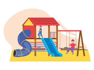 Children equipment on playground with slide, spiral tube slide and swing equipment. Different types of playground slides. SVG vector illustration	