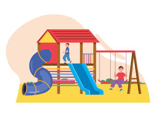 Fototapeta premium Children equipment on playground with slide, spiral tube slide and swing equipment. Different types of playground slides. SVG vector illustration 