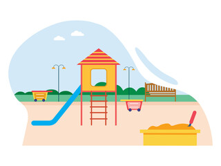 Children playground in the park with slides and sandpit. Outdoor playgrounds in summer. SVG vector illustration	