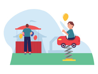 Boy having fun on red plastic rocking car at playground safety and bring a ballon. Playground equipment. Equal opportunities for child with disables to have a playground. SVG vector illustration	