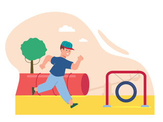 The boy running in playground. Outdoor playground equipment. SVG vector illustration	