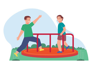 Spinning round at playground. Having fun on playground with friends. SVG vector illustration	