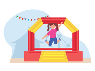 The girl jumping on colourful trampoline at playground. Outdoor playing for children. SVG vector illustration	