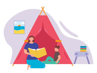 Mother reading a book for her child. The benefit reading book for child. SVG vector illustration	