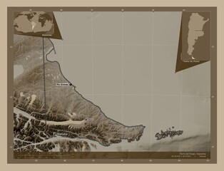 Tierra del Fuego, Argentina. Sepia. Labelled points of cities