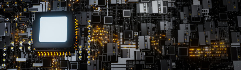 Computer circuit board or motherboard. Electron stream running from CPU concept, technology data...