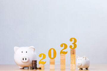 2023 New year saving money and financial planning concept. gold wooden number 2023 on a stack of...
