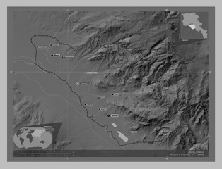 Ararat, Armenia. Grayscale. Labelled points of cities