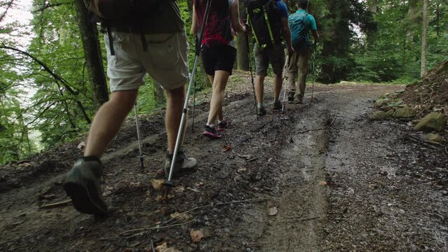 Hiking is healthy lifestyle. Healthy people walk and enjoy view from dirt road. Back packing in mountains. Acclimatization of inhabitants of plain to mountain rarefied air