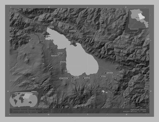 Gegharkunik, Armenia. Grayscale. Labelled points of cities