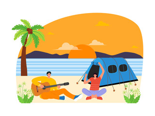 Enjoy the sunset by singing and playing the guitar by the beach. Having fun with friend in camp. PNG illustration