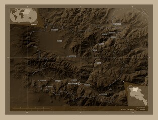 Lori, Armenia. Sepia. Labelled points of cities