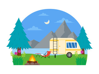 Spot camping on the edge of the river with mountain views at night. Outdoor camping accessories and equipment. PNG illustration