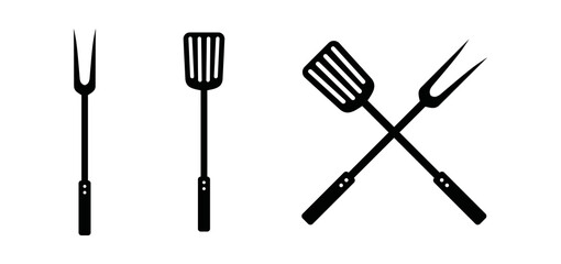 Grill fork and spatula tools icon vector set. Barbecue or BBQ symbol silhouette  - obrazy, fototapety, plakaty