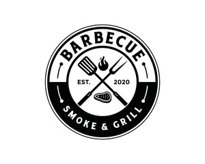 Grill fork and spatula tools with fire and fresh meat for barbecue or BBQ symbol icon vector. Smoke and grill logo design