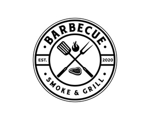 Grill fork and spatula tools with fire and fresh meat for barbecue or BBQ symbol icon vector. Smoke and grill logo design