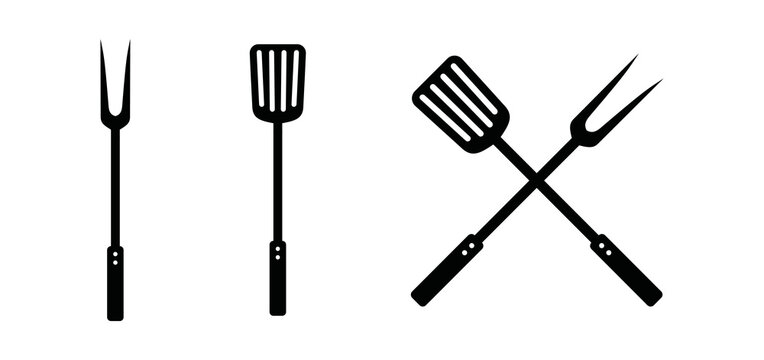 Grill fork and spatula tools icon vector set. Barbecue or BBQ symbol silhouette 