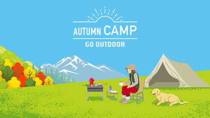 Young woman and her dog enjoying camp in autumn nature - Included words