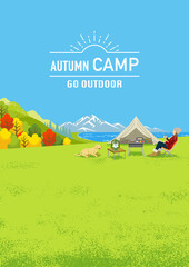 Young woman enjoying camp in autumn nature with her dog - Vertical, Included words