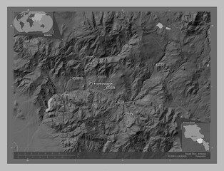 Vayots Dzor, Armenia. Grayscale. Labelled points of cities