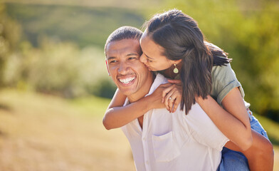 Love, date and outdoor couple in park playing on holiday, vacation or healthy lifestyle with green trees, bokeh and summer sun. Happy, wellness black people piggyback ride together or nature hiking