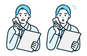 スマートフォンで会話をする男性。ビジネスマンのイラスト素材。