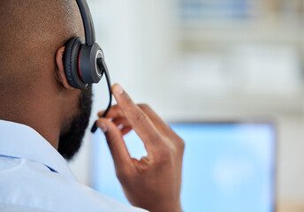 Telemarketing, support consultant or call center agent with headset closeup and online computer....