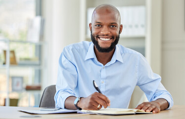 Notebook planning, writing and businessman working on financial strategy in work office, happy with corporate ccompany and reminder in book. Portrait of happy African accountant at accounting startup
