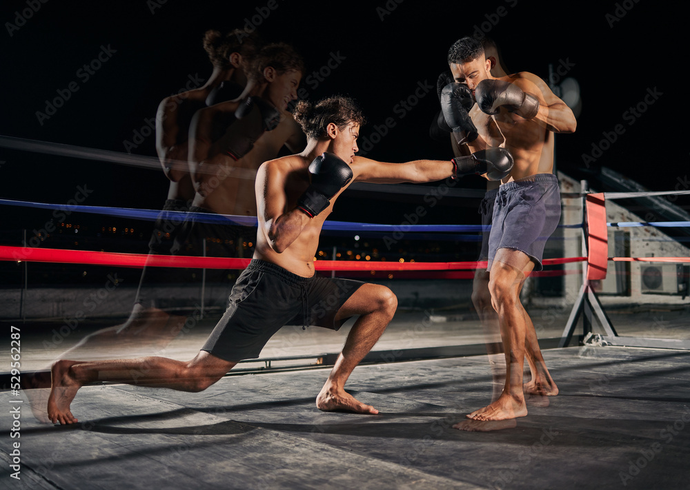 Poster Sport, boxing and fight with a boxer and coach training for health, fitness and exercise in a ring at the gym. Workout, sports and cardio with a coach and student fighting for health and cardio