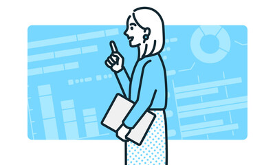 データを分析しアイデアが閃いた女性のイラスト素材。