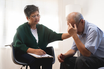 Psychology, depression people. Elderly asian adult man, men consulting with psychologist,...