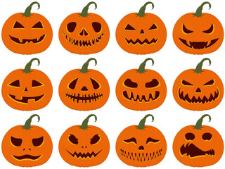 Halloween scary and funny Jack-O'-Lantern pumpkins collection vector illustration