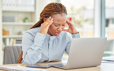Stress, headache and black woman with laptop in office with confused, burnout or anxiety face after...