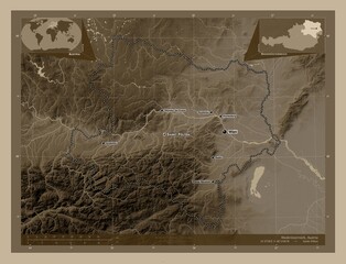 Niederosterreich, Austria. Sepia. Labelled points of cities